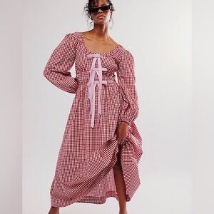 Damson Madder Dakota Red Gingham Pink Bow Picnic Dress Size 8 New!